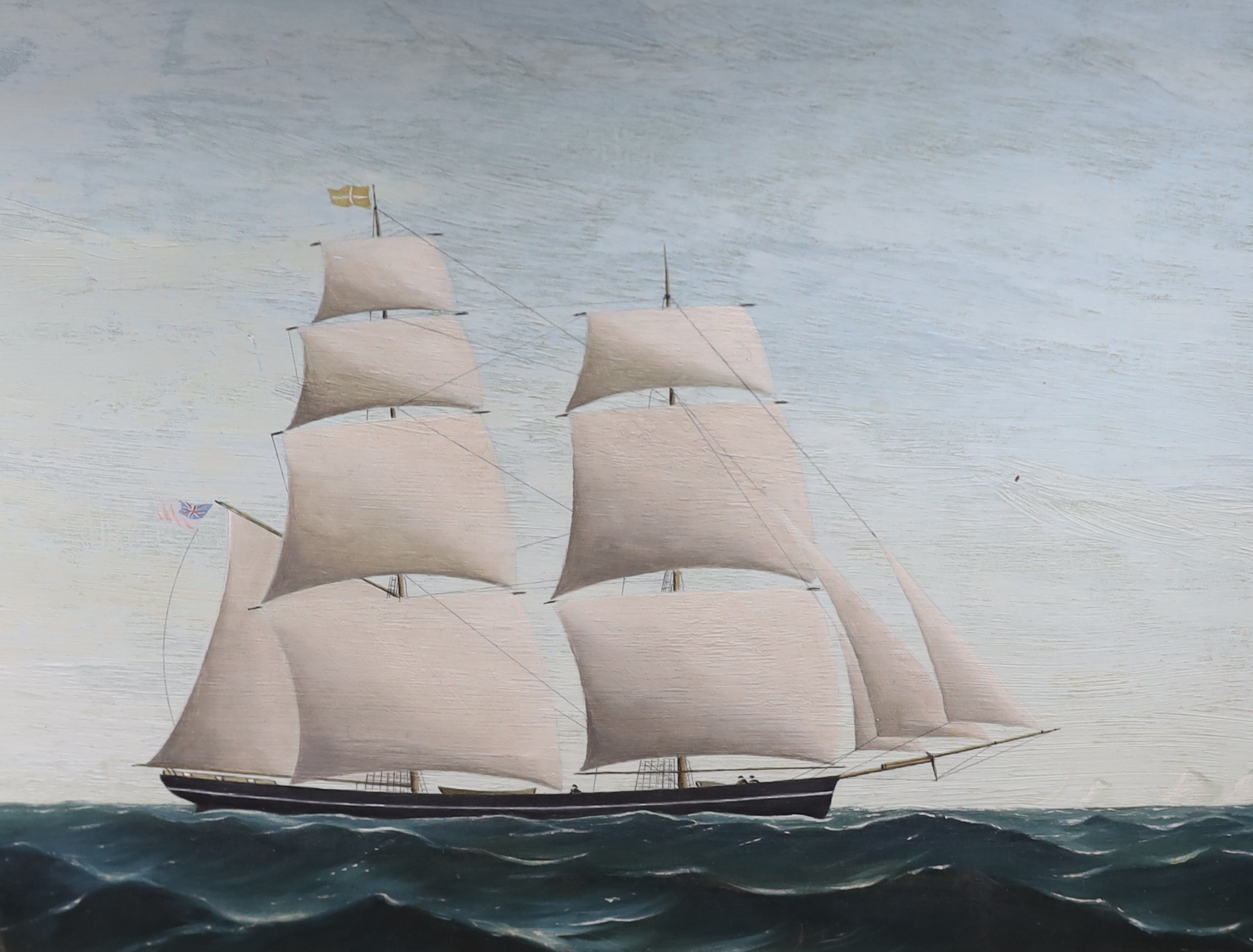 Christopher J. Guise (American), four maritime oils on board, British yachts and ships at sea, each signed, largest 48 x 56cm, ornate gilt frames